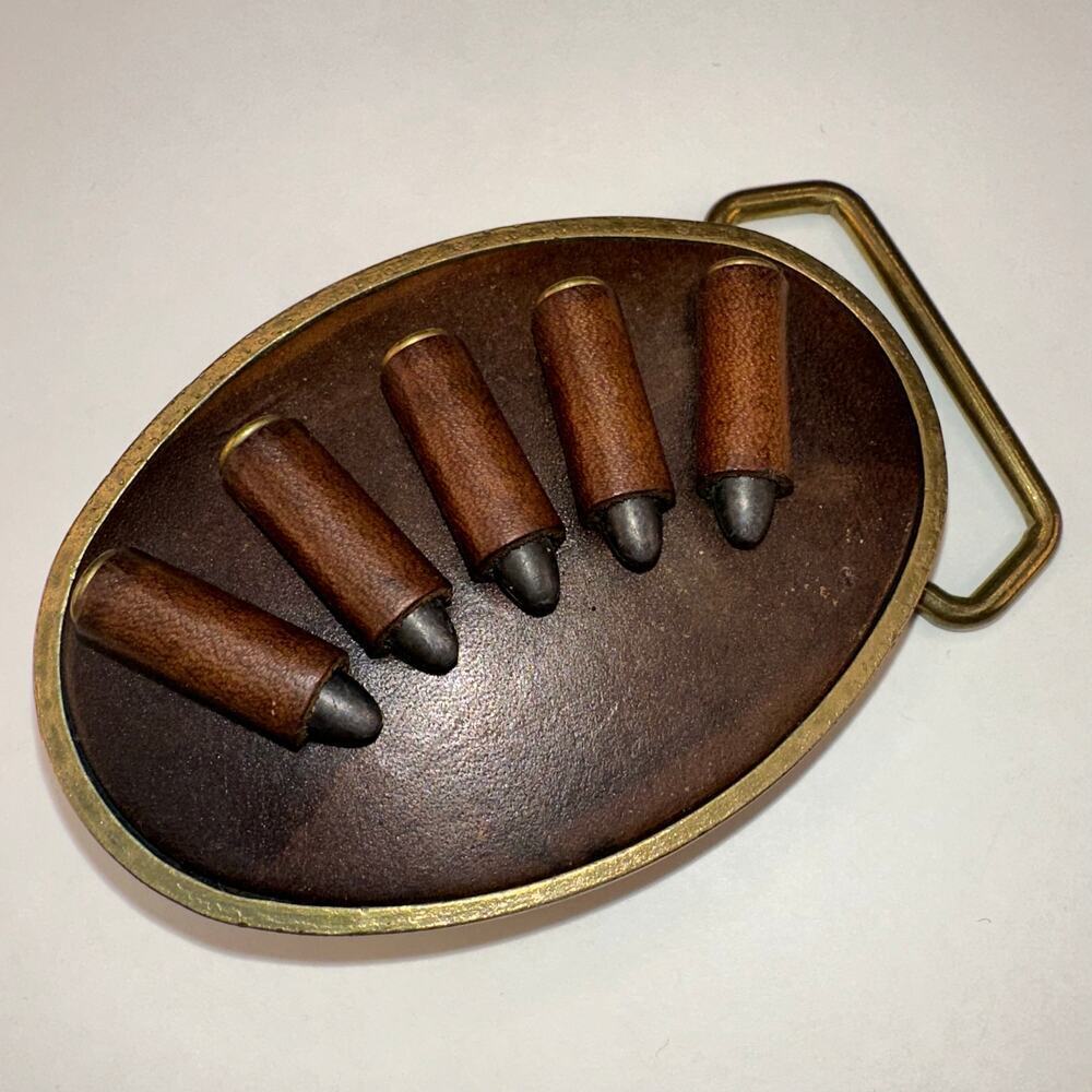 Vintage 1970’s BTS Leather and Brass .22 Caliber Cartridge Slide Belt Buckle